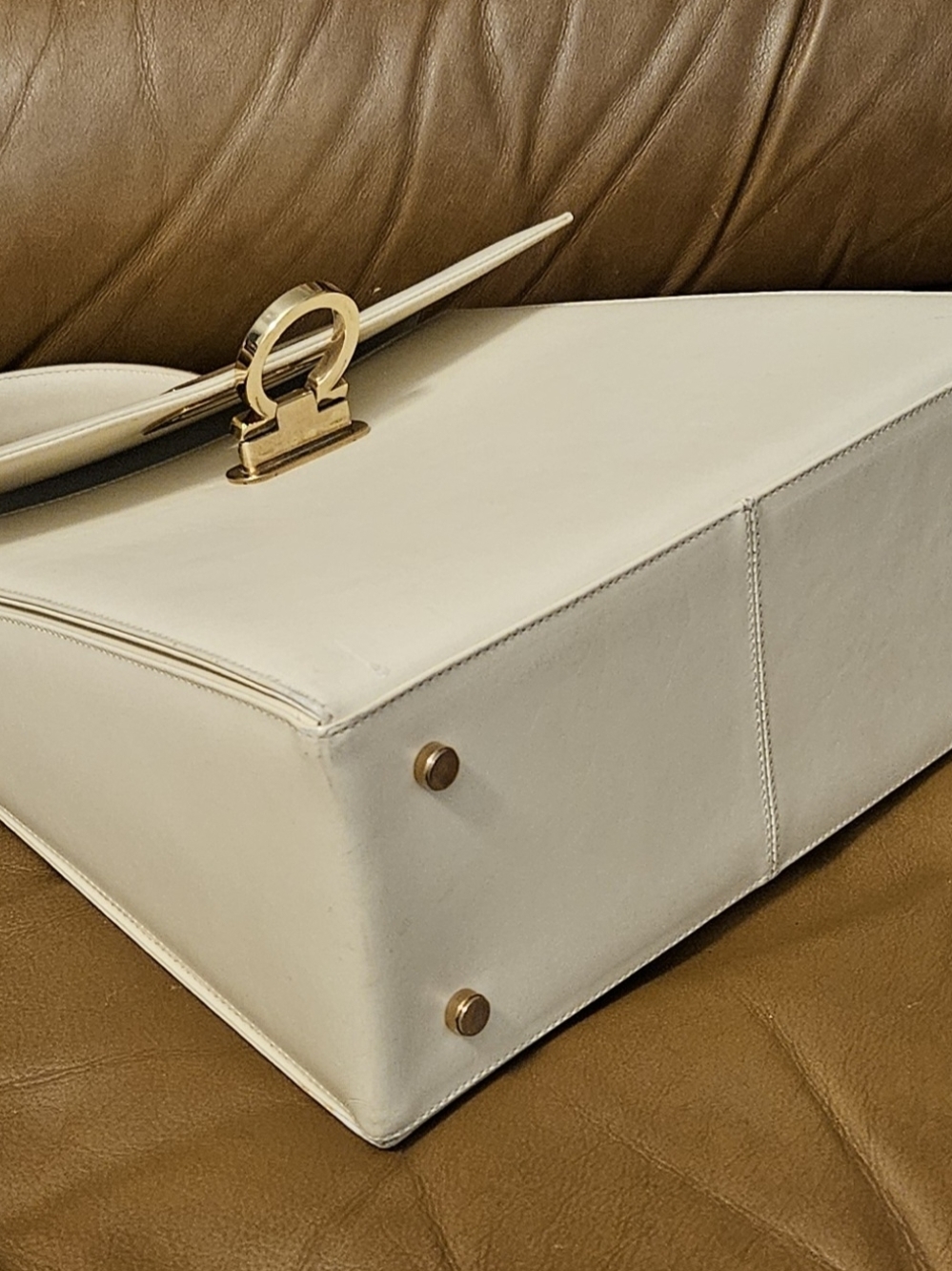 Salvatore Ferragamo Cream Leather Top-Handle Satchel with Gold Hardware - Picture 16 of 16